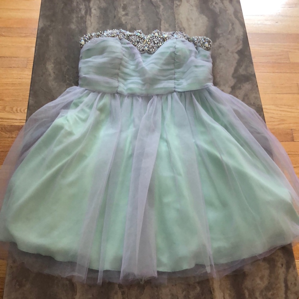 Mint green and periwinkle strapless dress